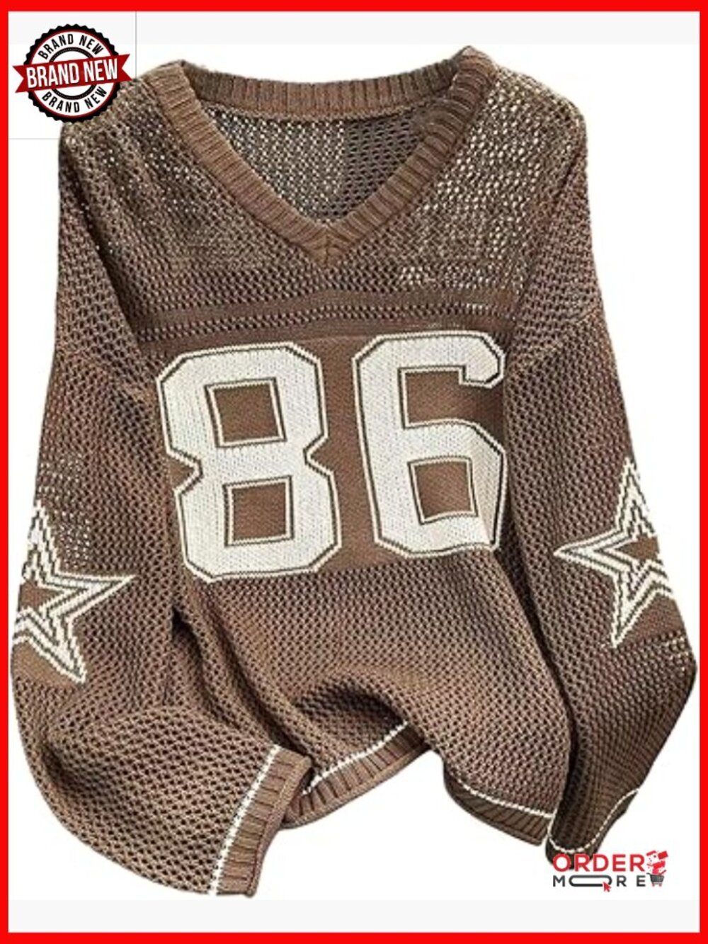 Oversize Number Sweater V Neck Hollow Out Street Pullover